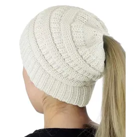 💙 Hat: Ponytail / Messy Bun Knit Winter Beanie ~ Cream 🌟