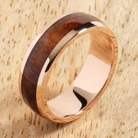 14K Pink Gold Natural Koa Wood Oval Wedding Ring 7mm