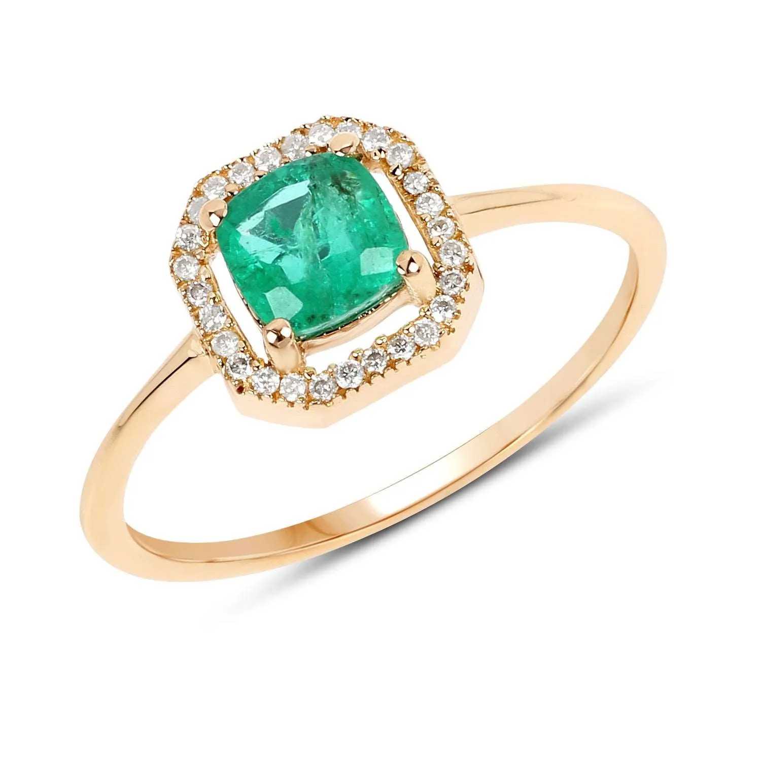 14K Yellow Gold 0.63 Carat Genuine Zambian Emerald and White Diamond Ring