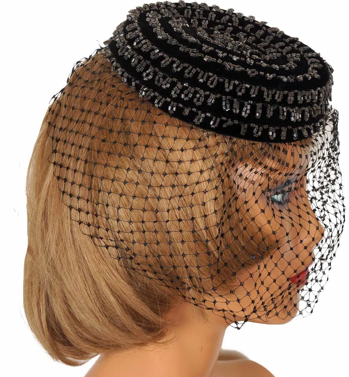 Vintage 1950s Amy of New York Black Velvet Pillbox Hat with Clear Beads and Veil