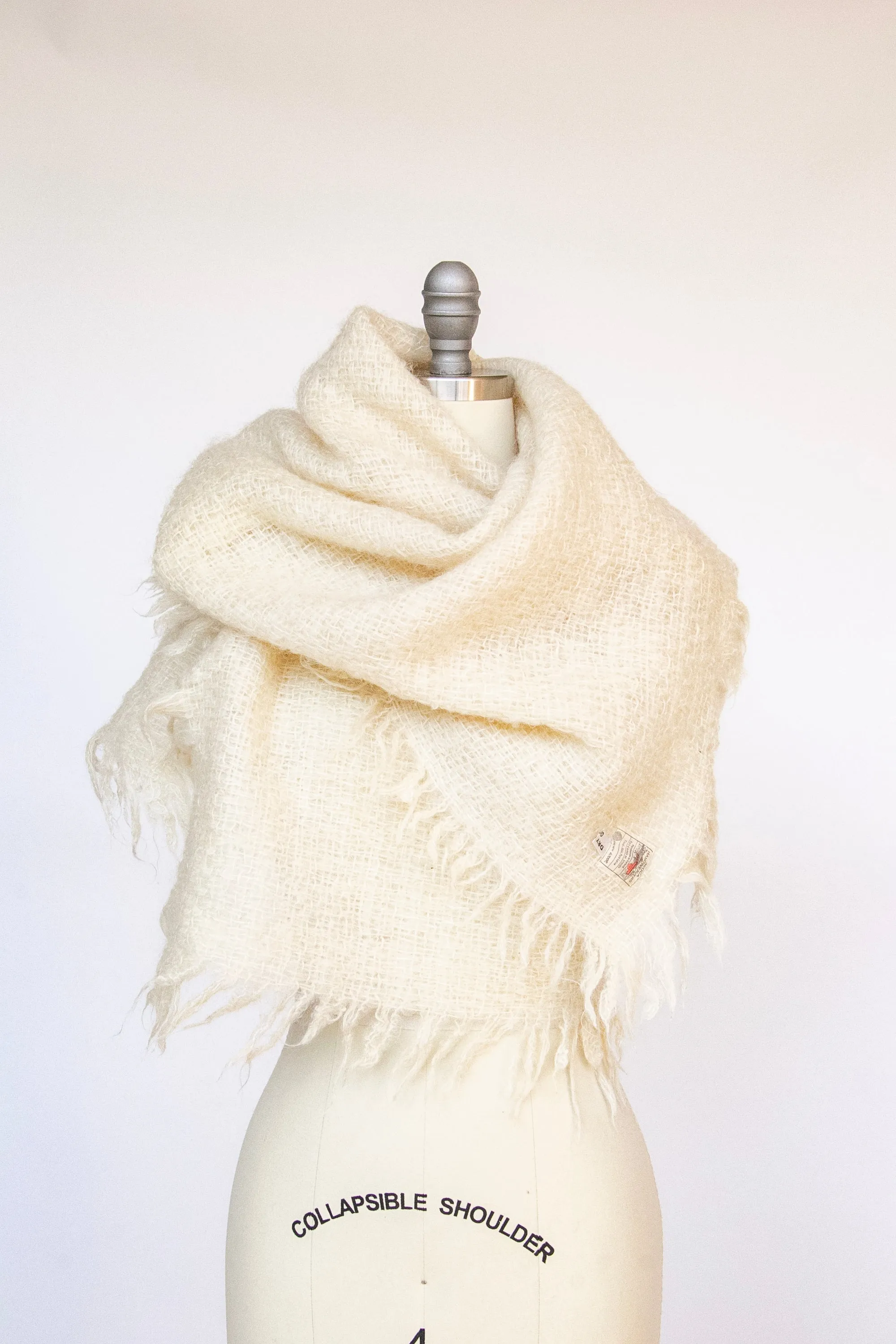 1970s Wool Oversized Knit Shawl Cream Wrap Scarf