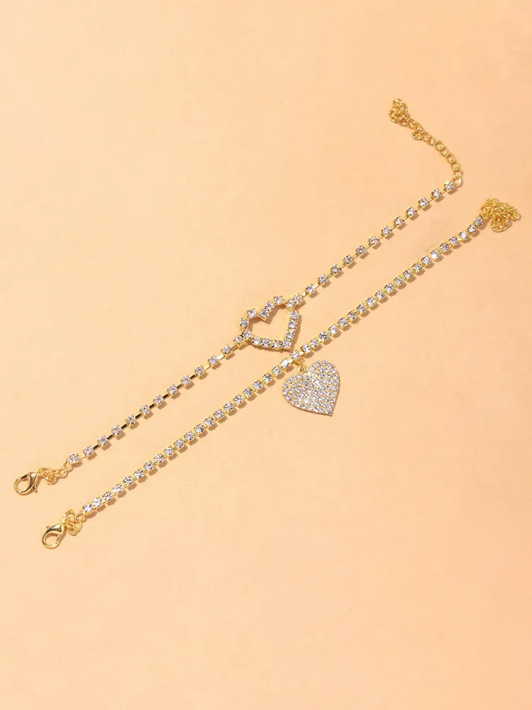 2PCS Rhinestone Heart Anklet