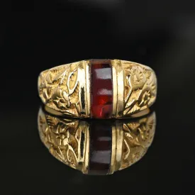 Antique 14K Gold Engraved Flower Garnet Signet Ring