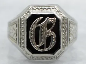 Antique Black Onyx "C" in Old English Signet Ring