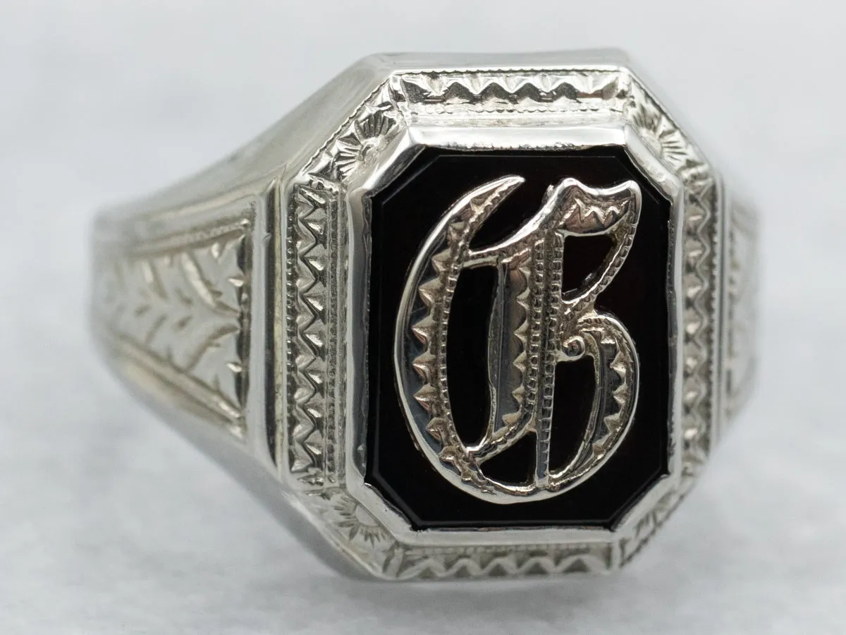 Antique Black Onyx "C" in Old English Signet Ring