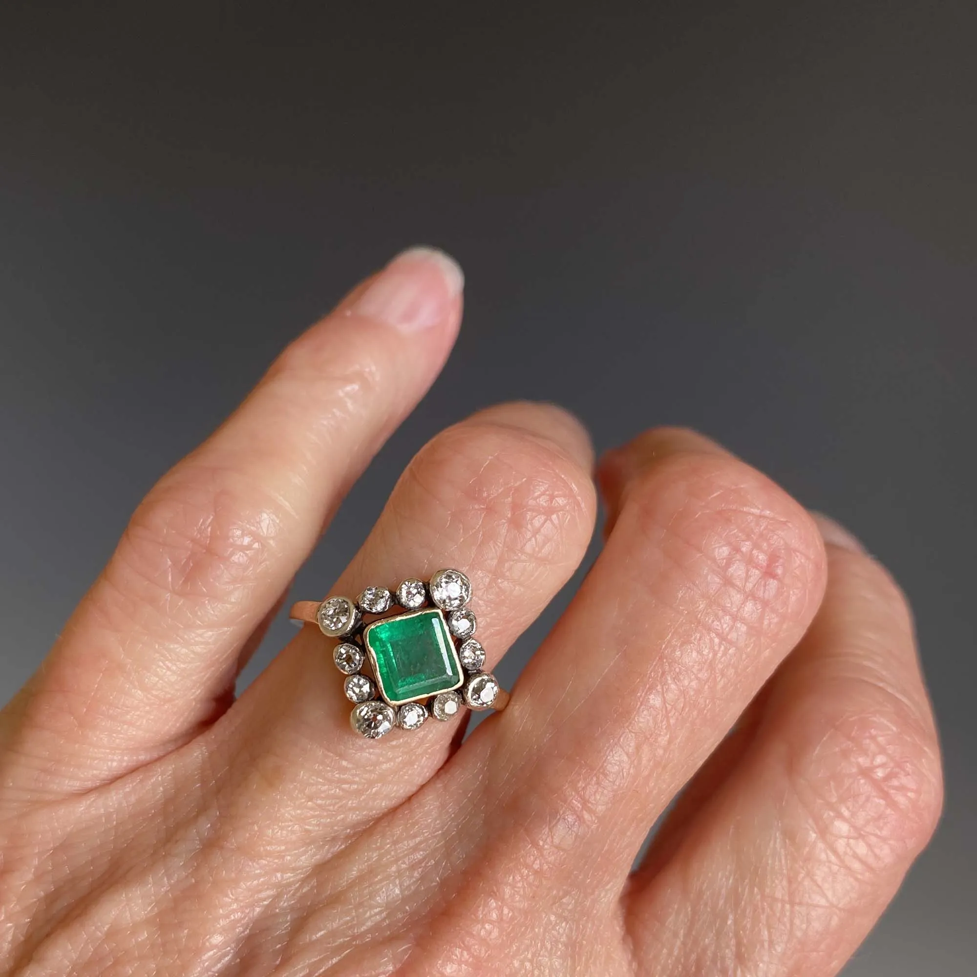 Antique Diamond Halo Emerald Ring in 14K Gold ON HOLD