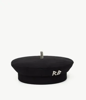 Crystal-Embellished Black Cotton Beret