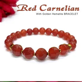 Bracelet with Natural Diamond-Cut Red Carnelian and Golden Hematite Stones