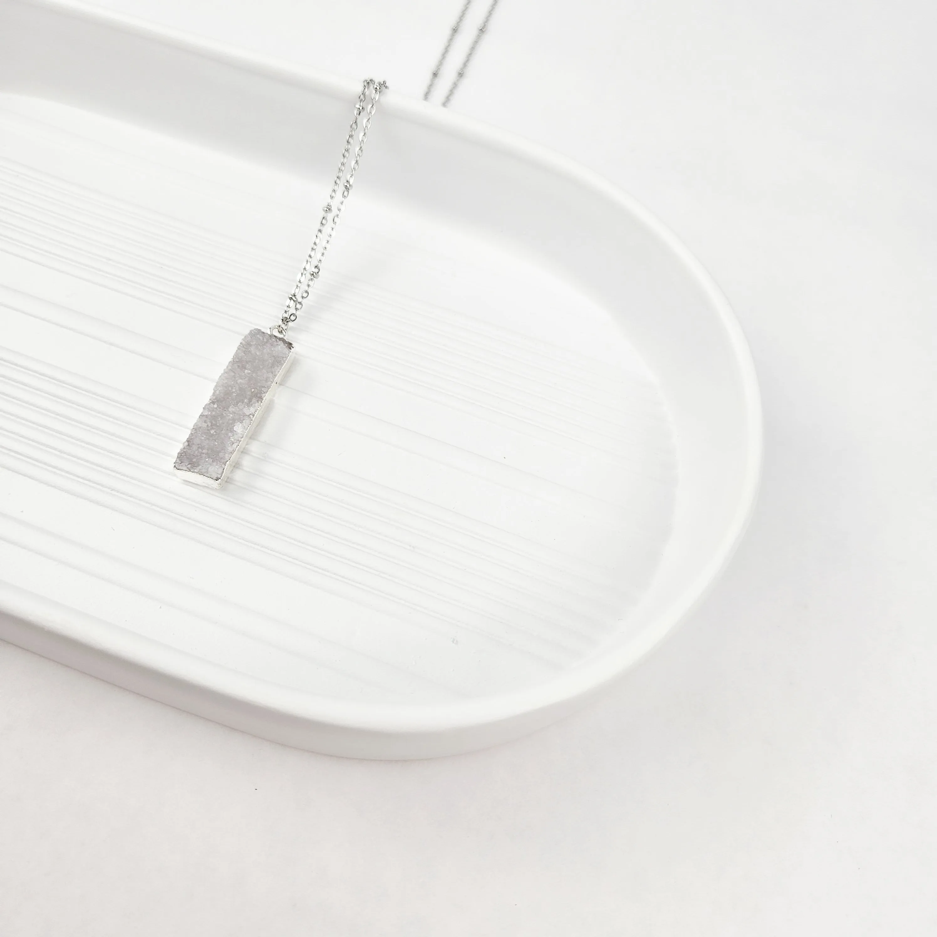 Druzy Quartz Bar Silver Necklace