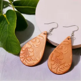 Embossed Leather Earrings - Boho Style, Handmade Earrings, Boho Chic, Western Earrings, Brown Earrings, Wooden Earrings, Bohemian Style