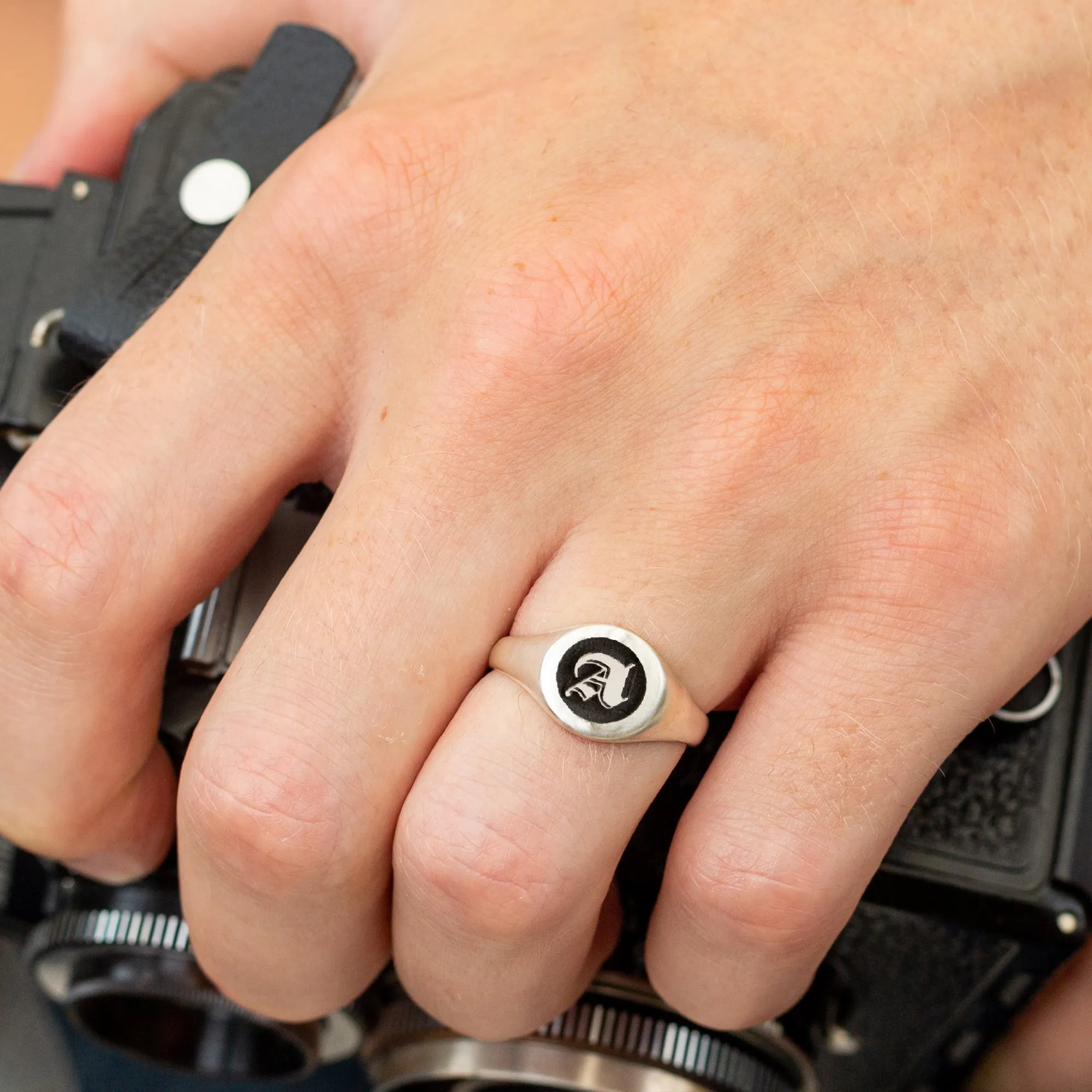 Gothic Initial Round Silver Signet Ring