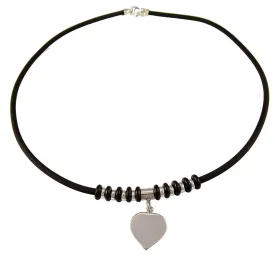 Hand Engraved Sterling Silver Black Rubber Heart Necklace