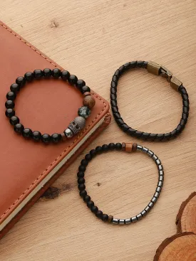 Men Pack Of 3 Brown And Black Elasticated Beaded Bracelet