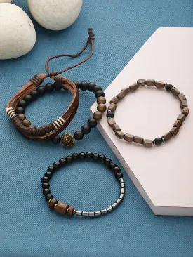 Men Pack Of 4 Brown & Black-Coloured Leather & Beads Wraparound Bracelet