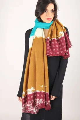 Ochre and Teal Organic Colour Blocked Silk Wool Cashmere Scarf