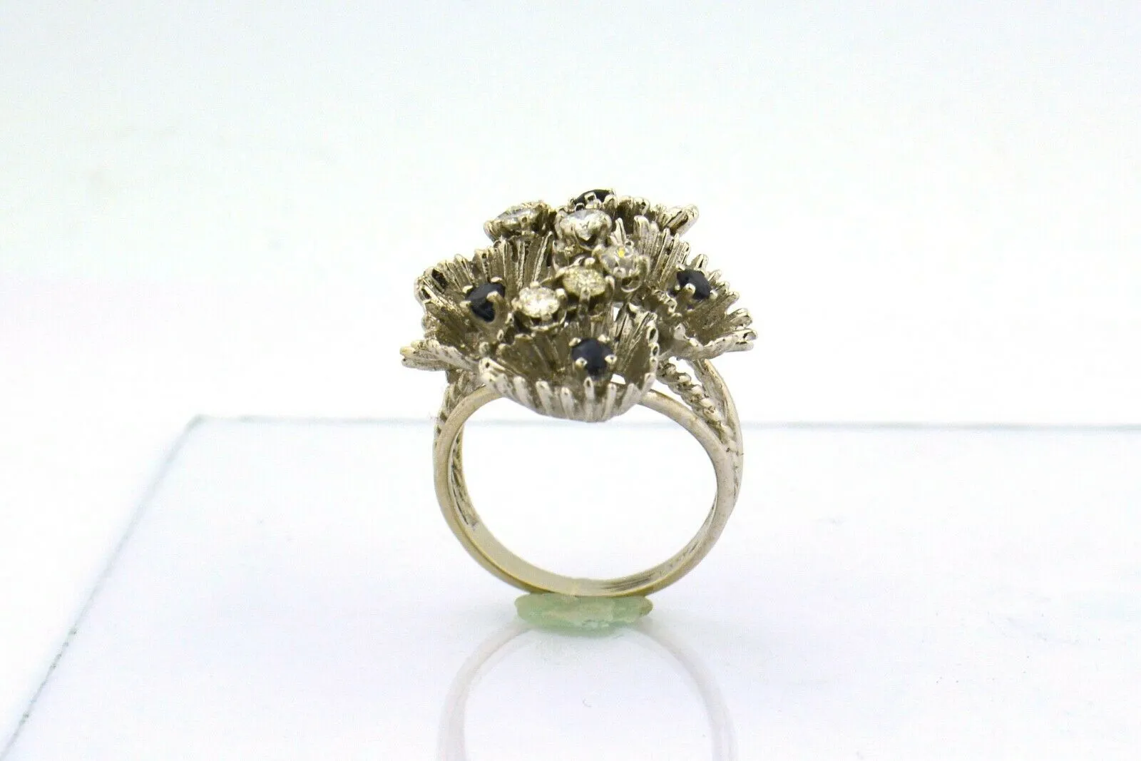 Vintage 14K White Gold Diamond and Blue Sapphire Ruffle Ring
