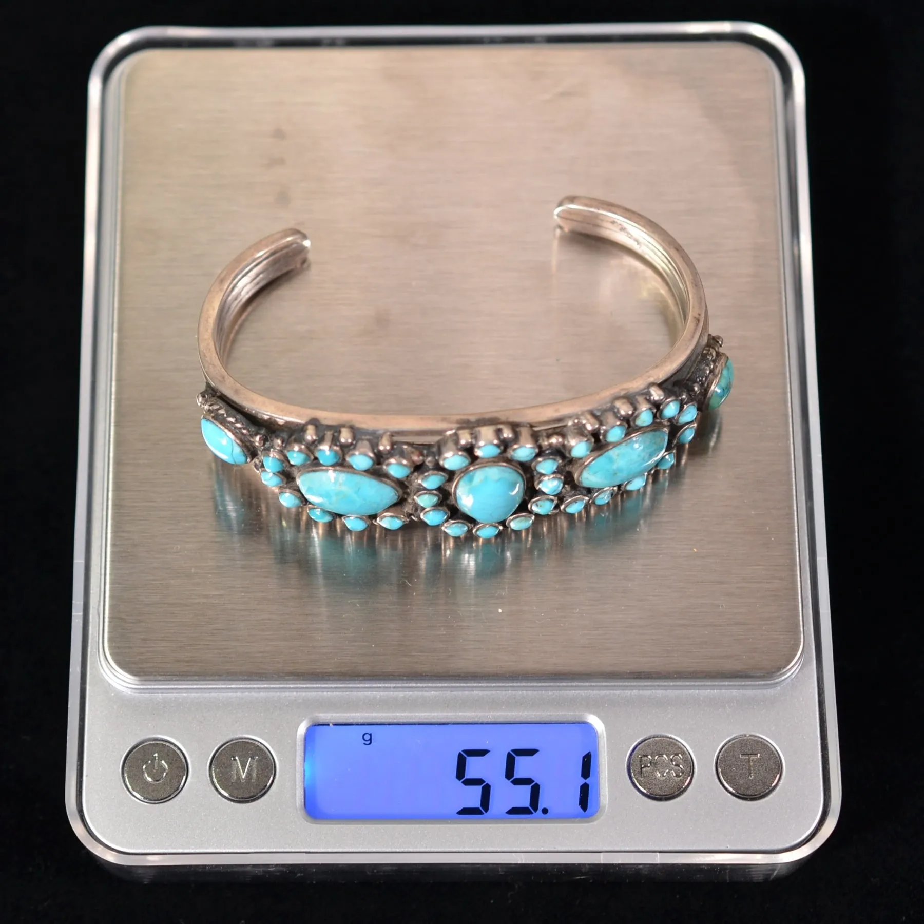 Vintage 1940s Navajo Sterling Silver Turquoise Cluster Cuff Bracelet 55.1 Grams