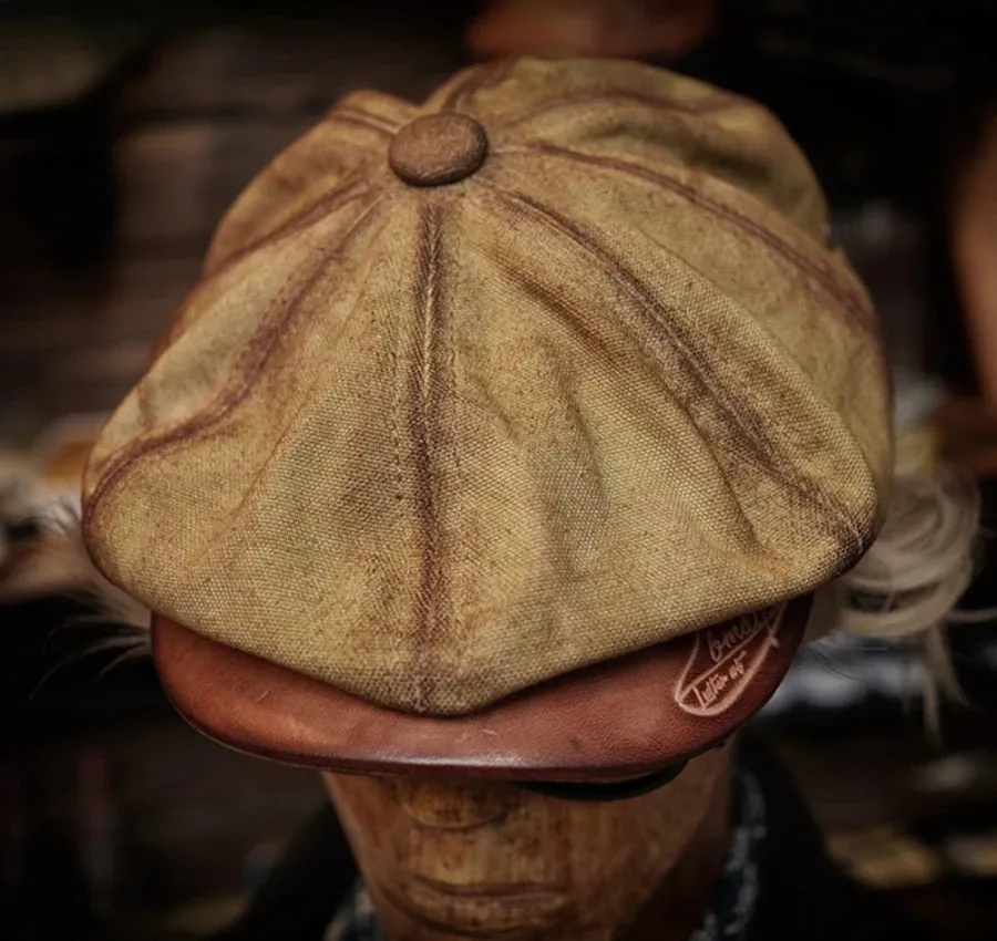 Vintage Canvas Leather Beret for Men - Handmade Octagonal Hat