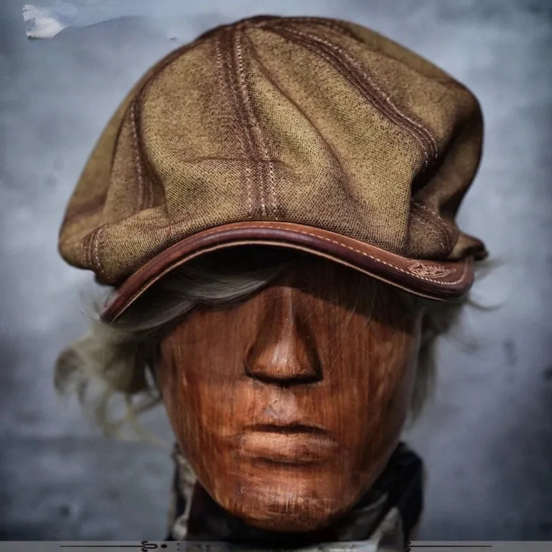 Vintage Canvas Leather Beret for Men - Handmade Octagonal Hat