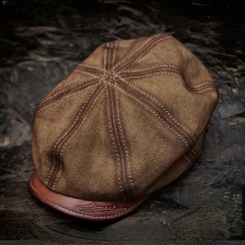 Vintage Canvas Leather Beret for Men - Handmade Octagonal Hat