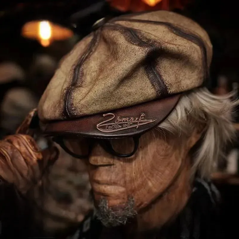 Vintage Canvas Leather Beret for Men - Handmade Octagonal Hat