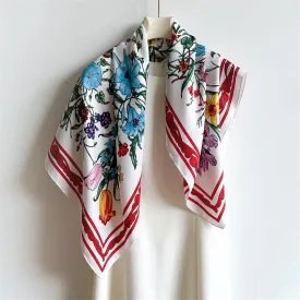 White Floral Butterfly Chic Large Satin Scarf | 90x90cm Bandana | Twill Satin Shawl | Perfect Gift for Her, Mother's Day